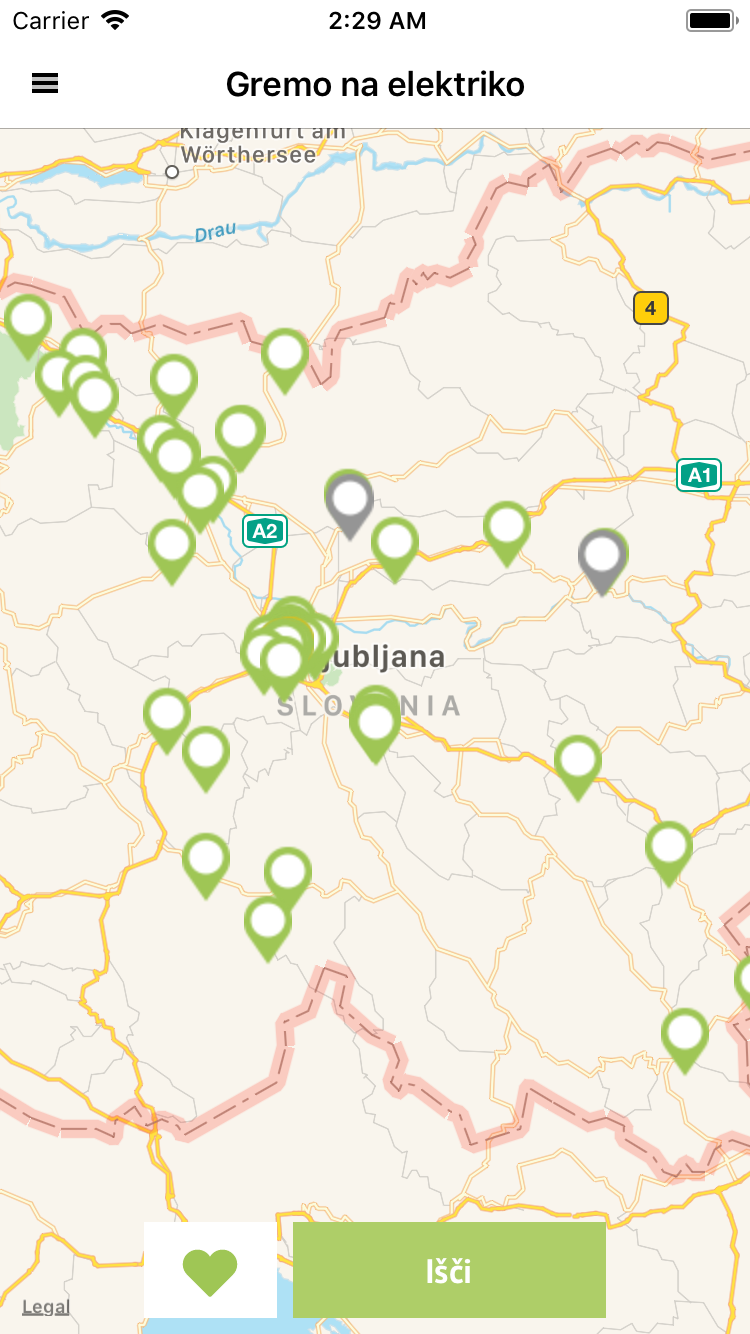 Aplikacija Gremo Na Elektriko - zemljevid polnilnic